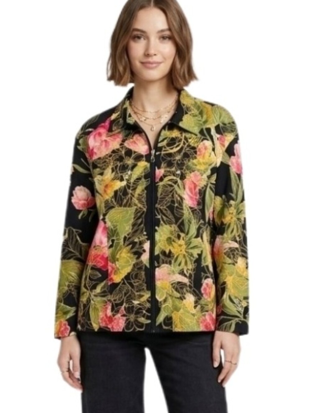 Floral Jacket Zip Front Shacket Style Black Multi Plus Size 2XL